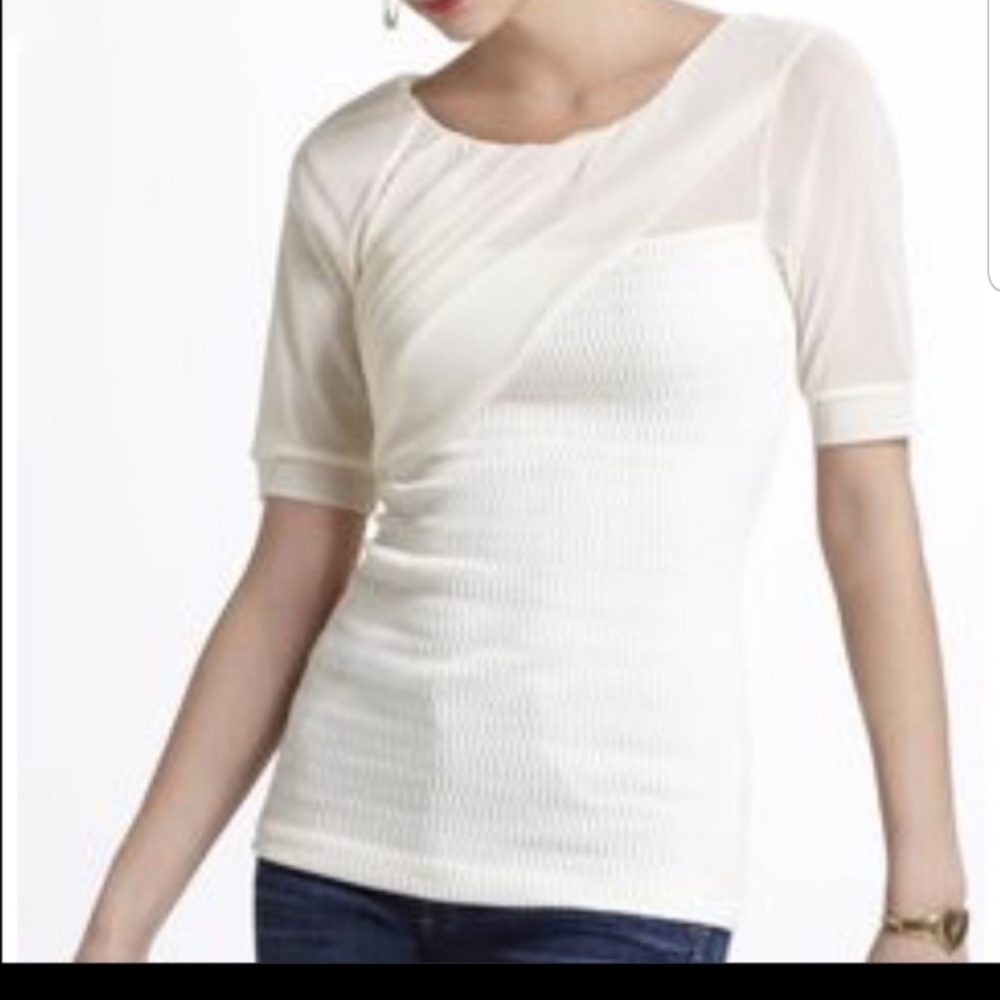 Anthropologie Cream Short Sleeve Textured Knit Top